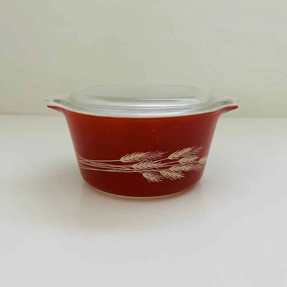 PYREX Burnt Orange Autumn Harvest Wheat Stalk 473-B Casserole Dish 1 Qt With Lid